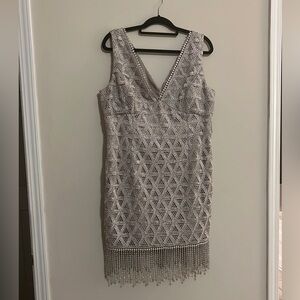 NWT R & M Richards embroidered v-neck champagne tassle bottom dress size 16